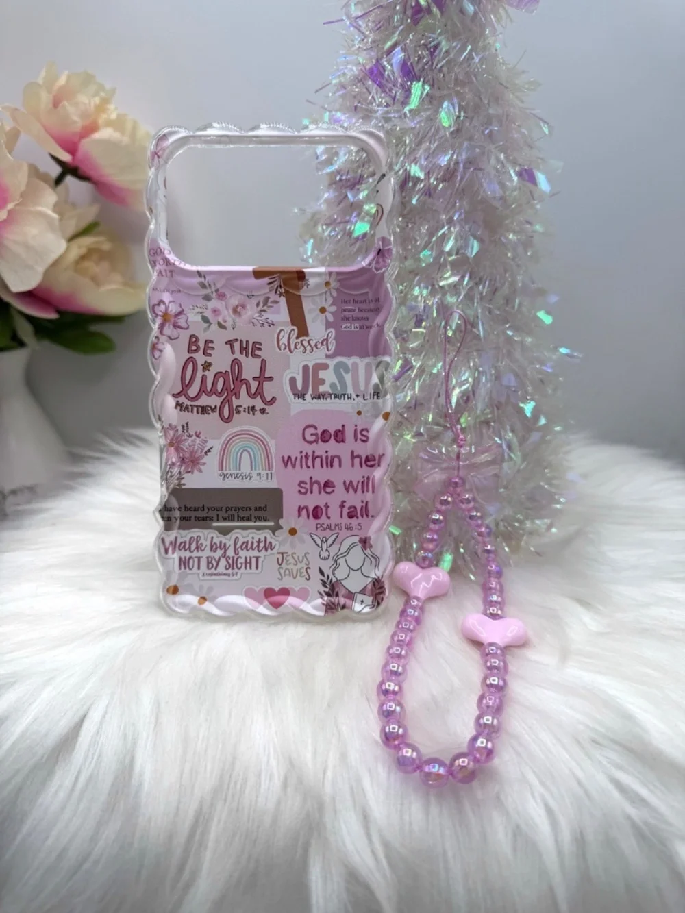 Faith Themed iPhone 17 Pro Max Case with pink Beaded Strap